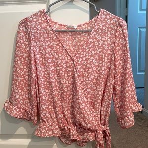 Long sleeve pink tie waist floral blouse
